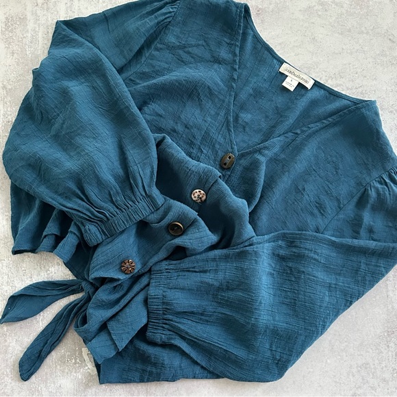 🌼 John Paul Richard Tie-Hem Blouse with Button Front, Teal L - Picture 2 of 7